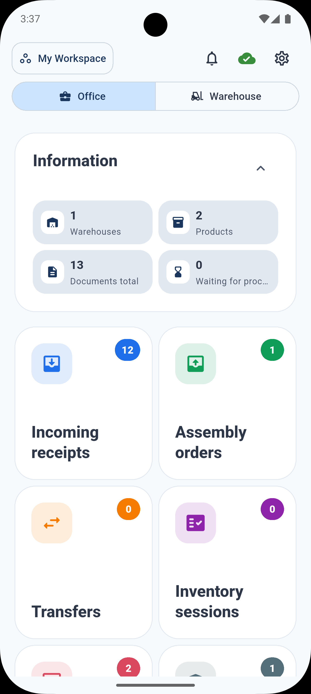 Stoka office workspace with warehouse, product, document, and inventory session summaries