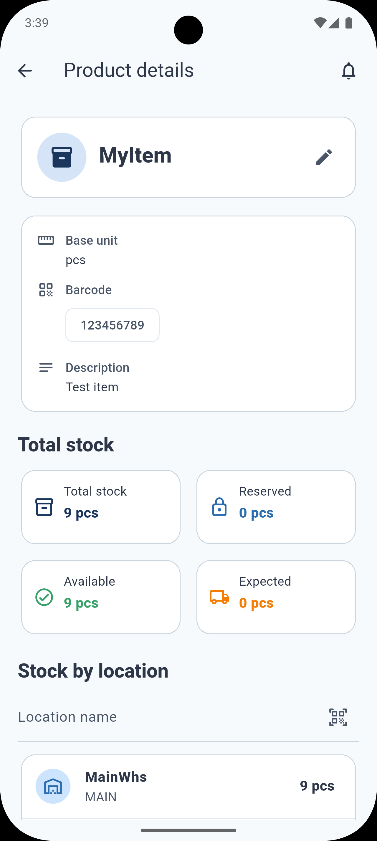 Stoka product details with barcode, unit, stock totals, availability, and warehouse location