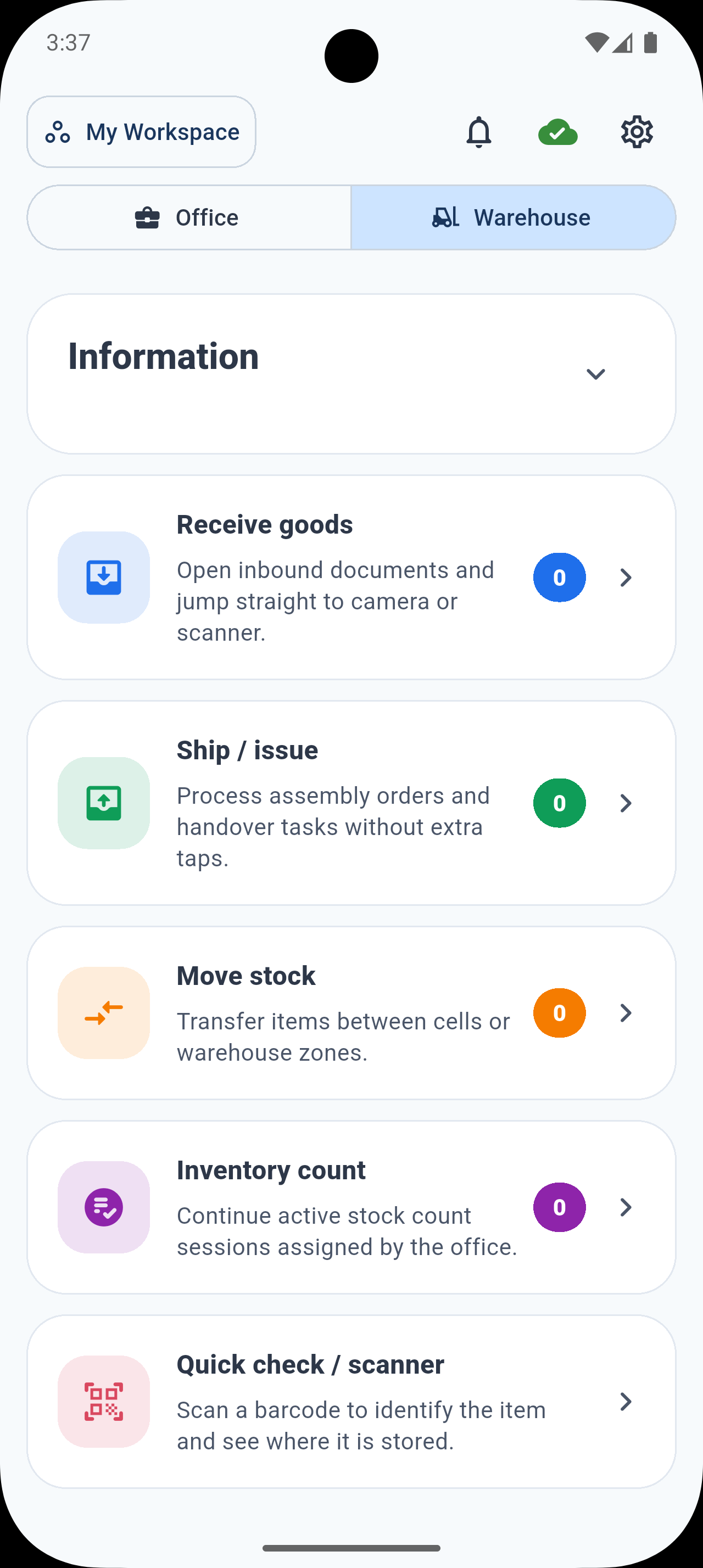 Stoka warehouse workspace with receiving, issuing, transfers, inventory counts, and barcode lookup